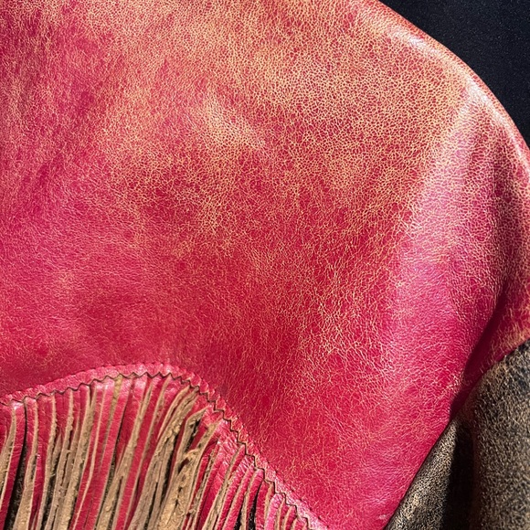 Double D Ranch Red and Black Leather Fringe Jacket-Vintage - Picture 6 of 8